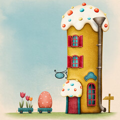 Fantasy fairy tale greeting card or poster for holiday  Easter celebration with fancy Easter cake house
