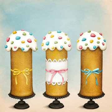 Fantasy fairy tale greeting card or poster for holiday  Easter celebration with fancy Easter cakes with bows and sweets 