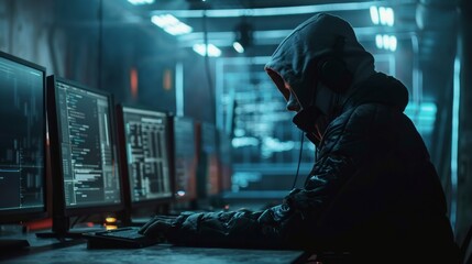 Mysterious figure working intensely in a dark cyber environment with multiple screens displaying code