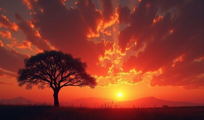 A stunning sunset silhouette of a solitary tree against vibrant clouds and a golden sun, perfect for nature, landscape, and relaxation themes.