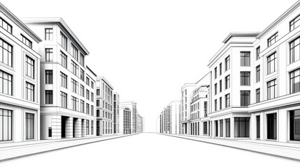 Fototapeta premium Black and white architectural illustration of a street lined with buildings and shops
