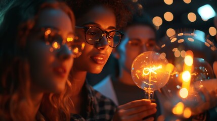 Young adults gather in warm lighting holding illuminated lightbulbs, brainstorming ideas and innovation
