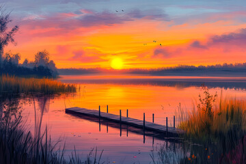 Fototapeta premium Serene Sunset Over a Tranquil Lake