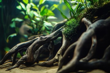 Fototapeta premium Aquascape close-up with driftwood, moss, and aquatic plants in a freshwater aquarium.