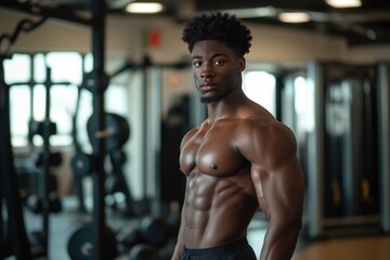 Athletic man posing in gym, highlighting muscular physique and defined abs.
