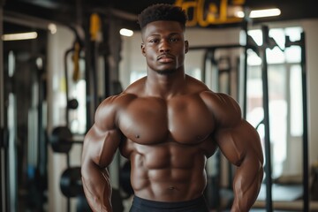 Muscular man posing shirtless in a gym, showcasing strength, bodybuilding, and fitness.