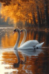 Two Swans Gracefully Swim in Autumnal Waters