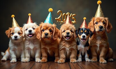 A cheerful lineup of puppies celebrating with party hats, perfect for pet-related marketing, birthday themes, or festive promotions.