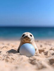 Obraz premium A cute seal playfully sits on the sandy beach, resting beside a blue ball, under a sunny sky and calm ocean.