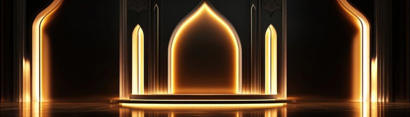 Illuminated Stage with Architectural Arches and Golden Accents