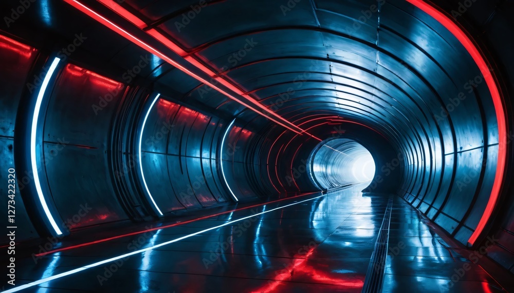 Poster Futuristic Tunnel Vision. Metallic Walls Reflect Neon Lights. A Journey Through Modern Architecture. Mysterious Light at the End. High Tech Hallway. Exploring Depth and Intrigue. Smooth Surfaces