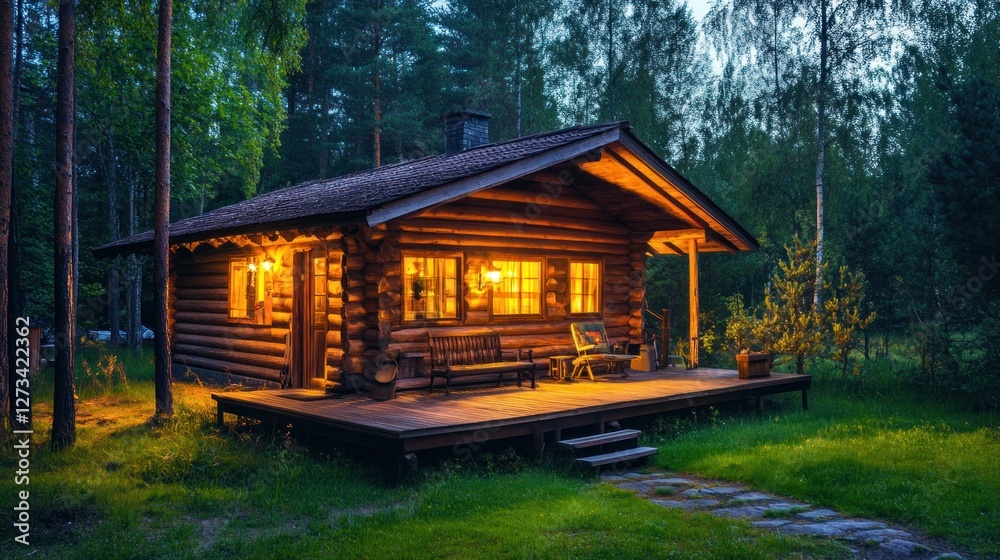 Aufkleber cozy log cabin glows warmly within a serene forest setting