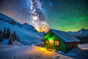 Starry skies illuminate a secluded backcountry hut, a winter hiker's refuge.