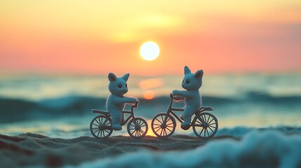 Fototapeta premium Stuffed cat and rabbit biking at twilight calm beach waves soft plush fur cinematic feel