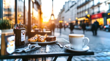 Enjoying pastries and coffee at a Parisian cafe during sunset with views of the Eiffel Tower
