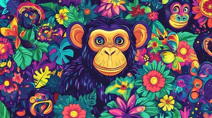 Fototapeta premium Colorful Tropical Jungle Scene with Vibrant Monkey Surrounded by Exotic Flowers and Lush Greenery in a Playful and Whimsical Style