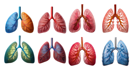Colorful Anatomical Illustration of Human Lungs with Detailed Vascularization, isolated on transparent background