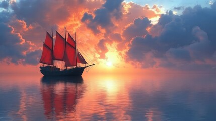 Obraz premium Sunset Sailboat Ocean Dramatic Cloudscape Calm Sea
