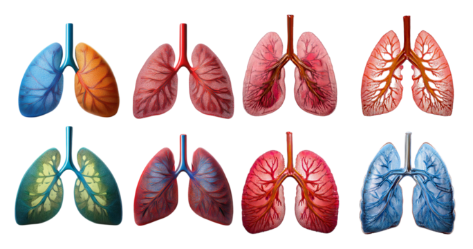 Colorful Anatomical Illustration of Human Lungs with Detailed Vascularization, isolated on transparent background