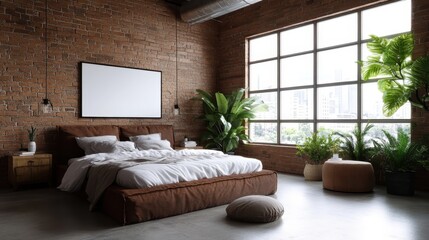 A cozy rustic bedroom featuring vintage brick walls, large windows, and vibrant green plants that harmoniously create a warm and inviting space, perfect for a peaceful retreat.