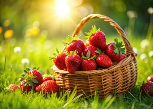 Sun-drenched strawberries, vibrant red, spill from their punnet onto lush green grass.