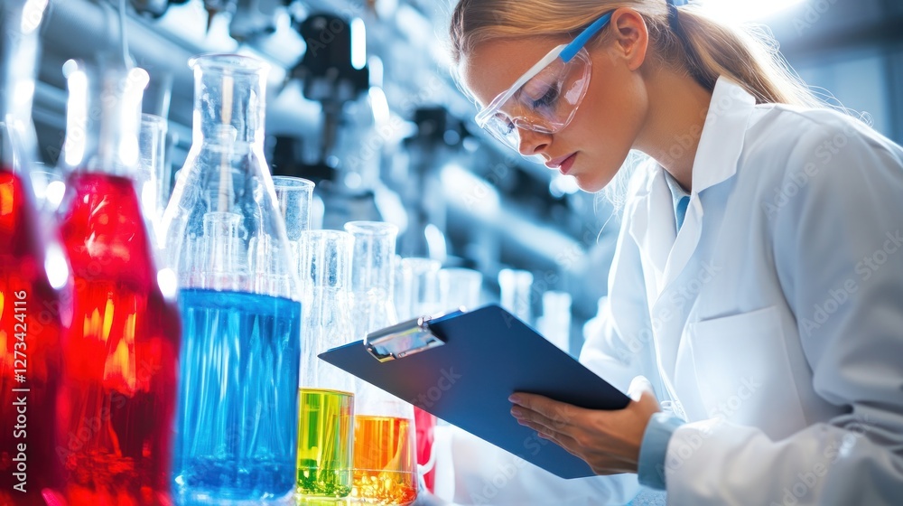 Poster Scientist examining colorful liquid solutions in beakers within a laboratory
