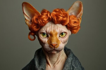 Sphynx cat wearing a curly red wig and gray sweater, showcasing a unique and humorous style against a plain background