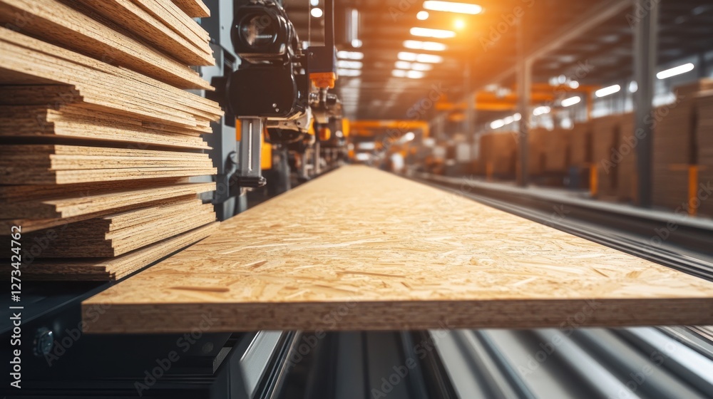 Poster Osb particle board moving along automated assembly line in factory