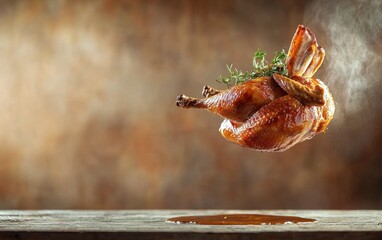 Midair roasted turkey with herbs and gravy flying, isolated on a bright background