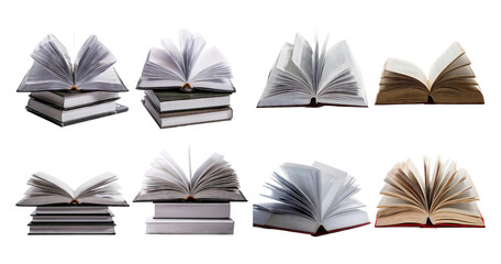 Various Open Books on Stacked Knowledge in Different Positions, isolated on transparent background