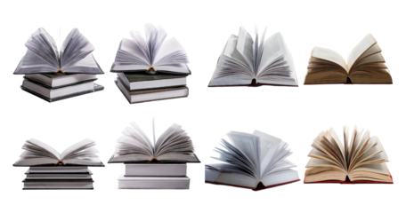 Various Open Books on Stacked Knowledge in Different Positions, isolated on transparent background