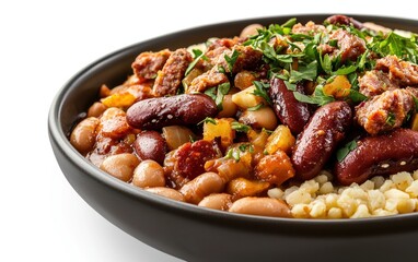 Midair serving of Colombian bandeja paisa with beans and chorizo, isolated on a white background