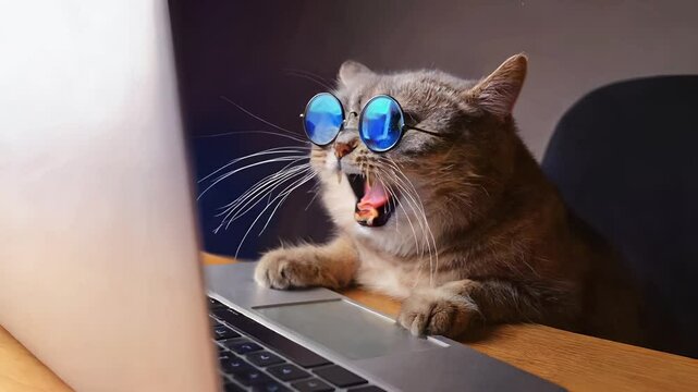 Creative concept movie clip film footage video reel angry pet domestic cat sitting at the desk and using computer laptop woking home office in cozy evening lights home interior.