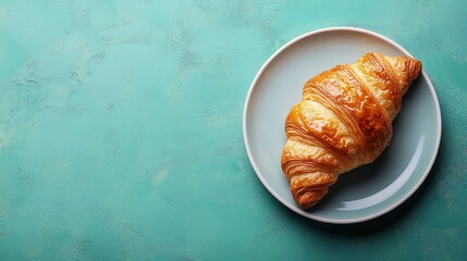 Fresh croissant on plate, teal background, overhead view