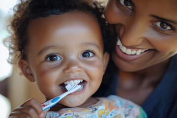 Happy African American mother with child brushing teeth together at home