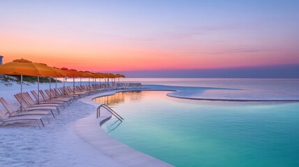 Obraz premium Tropical resort with beach umbrellas and swimming pool at sunset