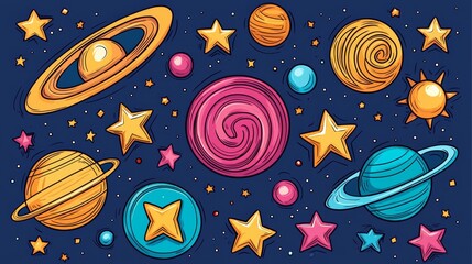 Naklejka premium Cosmic Creativity: Exploring Ideas on World Thinking Day with Doodle Universe of Thoughts, Stars, and Planets