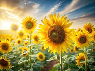 Vibrant blooming sunflowers, macro detail, long exposure captures summer's golden hour against a pure white backdrop.