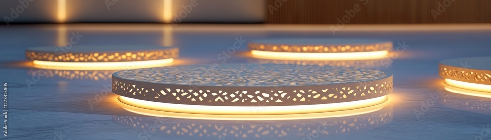 Poster illuminated round platforms with intricate cutout designs