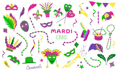 Vector set with elements for Mardi Gras carnival. Bright Images of moss, hats with feathers and drums and beads for design and logos.