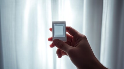 A hand holding a glucose meter displaying a clear blood sugar reading on the screen. Featuring health management and diabetes care
