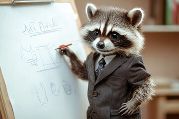 Raccoon wearing a suit and tie sketches ideas on a whiteboard, showcasing a humorous and creative concept of animal business