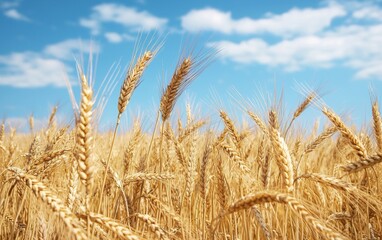 Fototapeta premium A golden wheat field gently swaying in the summer breeze under a bright blue sky