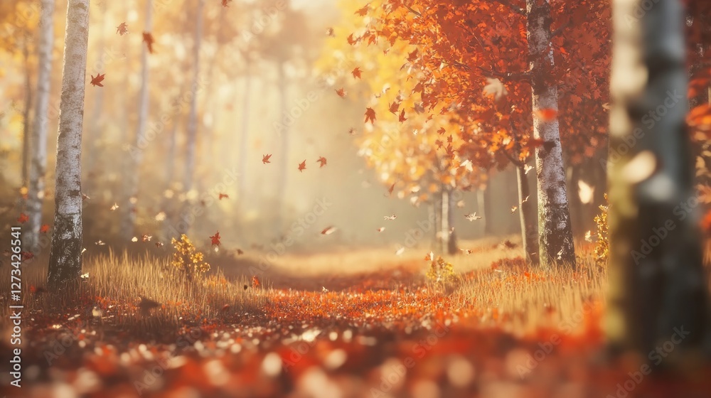 Poster a serene autumn path with falling leaves and birch trees