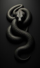 Fototapeta premium A striking image of a black snake, coiled elegantly against a dark backdrop, perfect for themes of danger, mystery, or elegance in design projects.