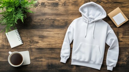 White Hoodie Mockup on Wooden Background