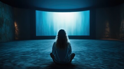 A contemplative individual sits cross-legged, engrossed by a large screen, symbolizing introspection and the search for meaning in an immersive visual experience.