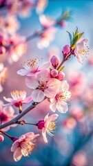 Obraz premium a close-up of delicate pink cherry blossoms on a tree branch, soft focus on petals, warm natural daylight, blurred background with a blue sky and distant trees, peaceful and elegant mood