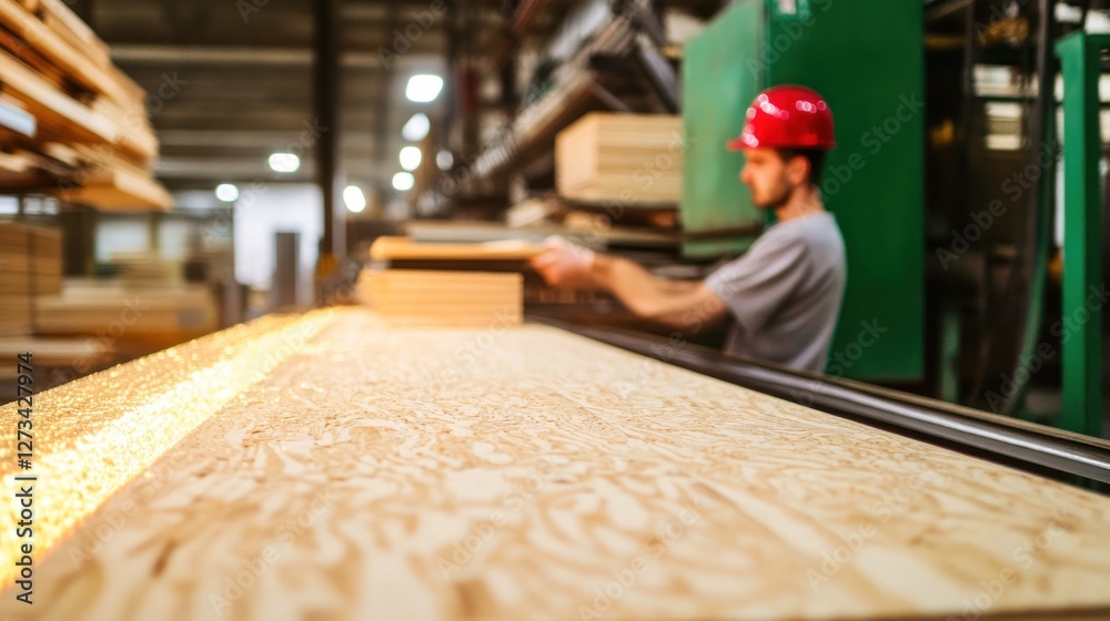 Aufkleber Worker in a lumber mill processing sheets of oriented strand board