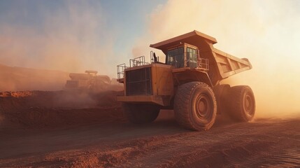 Obraz premium Large yellow haul trucks operate in a dusty mining environment